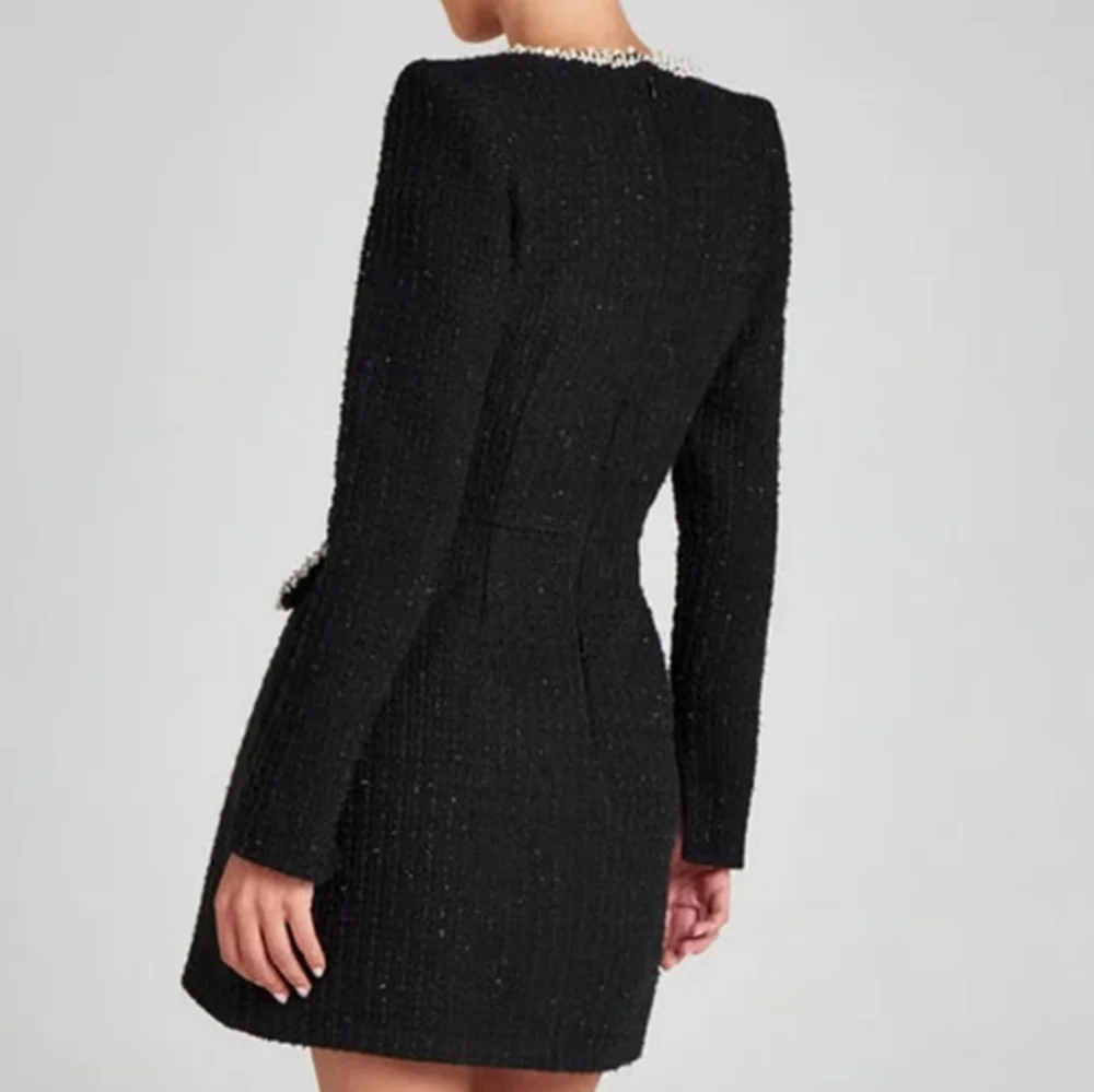 Tweed Long Sleeve Dress Women Fashion Shiny Square Collar Shoulder Pads Dress - Picture 8 of 10